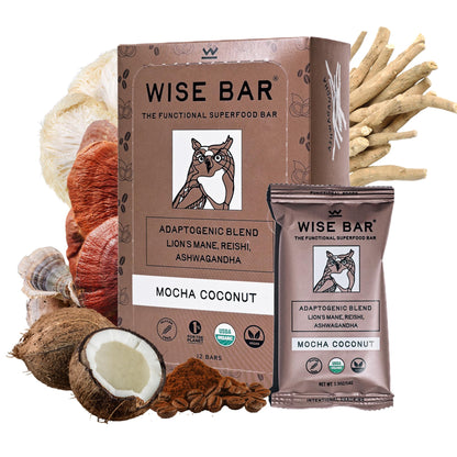 Wise Bar Adaptogen Mushroom Nutrition Bars | Mocha Coconut Flavor | 12 Count | Functional Mushrooms and Adaptogens Bar | Organic Nutrition Energy Bars Vegan Gluten Free
