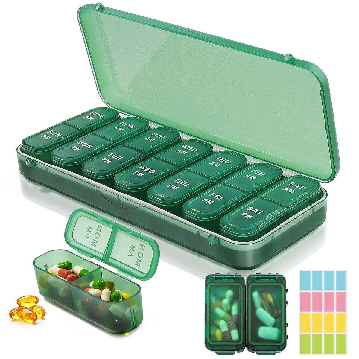 LOBIUTIYA Weekly Pill Organizer 2 Times a Day + 2 Detachable Pill Organizers kit - AM PM Travel Pill Organizer for Vitamin Medicine Supplement Fish Oil Green Daily Pill Organizer 2 Times a Day