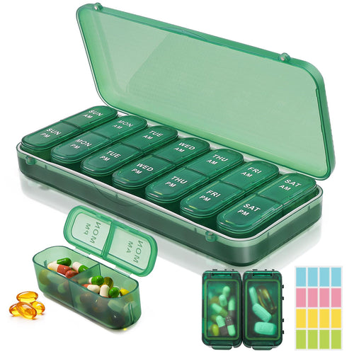 LOBIUTIYA Weekly Pill Organizer 2 Times a Day + 2 Detachable Pill Organizers kit - AM PM Travel Pill Organizer for Vitamin Medicine Supplement Fish Oil Green Daily Pill Organizer 2 Times a Day