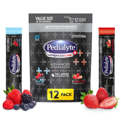 Pedialyte AdvancedCare Plus Electrolyte Powder with 33% More Electrolytes and PreActiv Prebiotics Strawberry Freeze/Berry Frost Variety Pack Electrolyte Drink Powder Packets 0.6 oz 12 Count