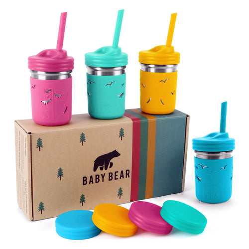 Baby Bear Products Kids Cups - Set of 4 250ml Stainless Steel Mason Jar with Silicone Sleeves and Straws with Stoppers | Smoothie Cups | Spill Proof Toddler Sippy Cups