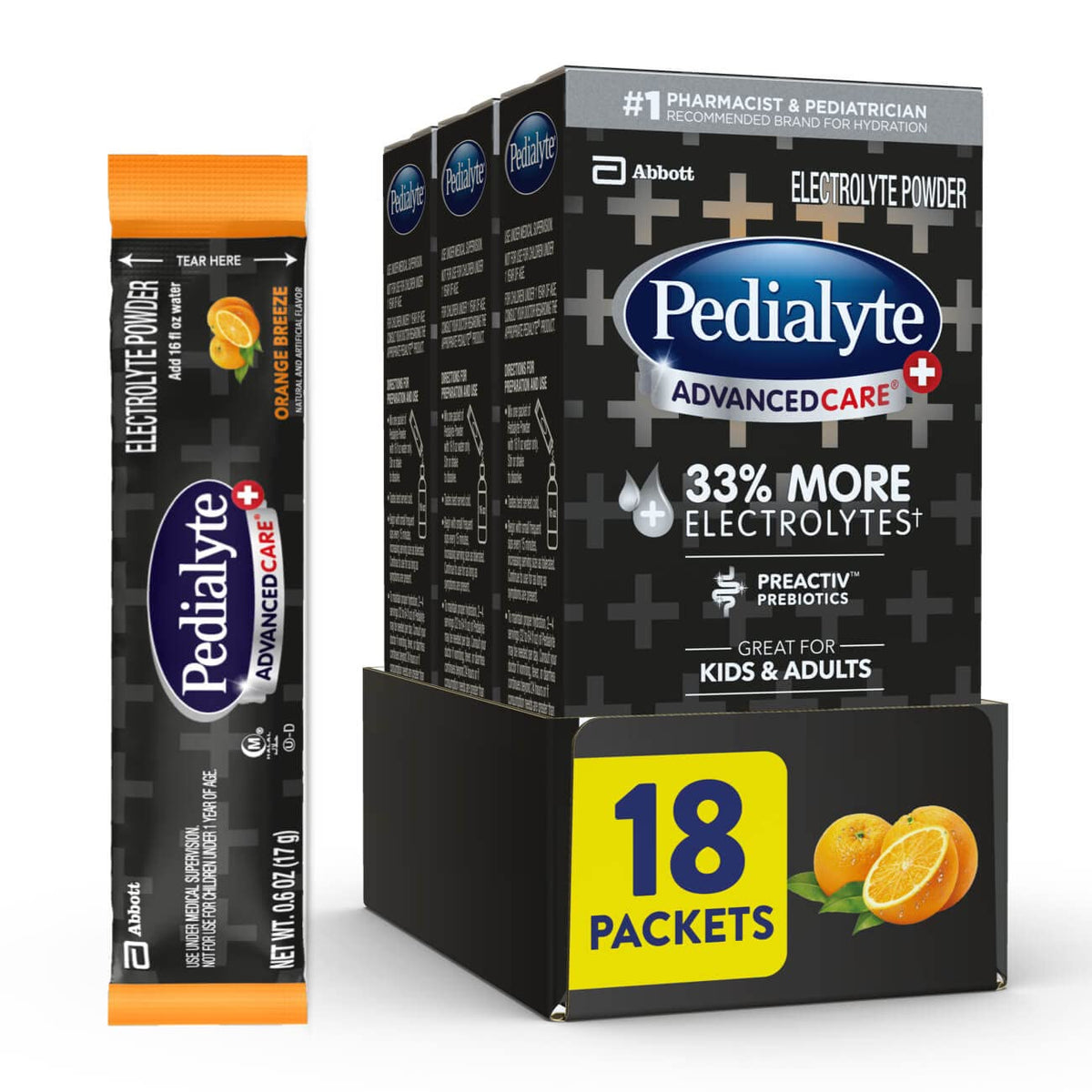 Pedialyte AdvancedCare Plus Electrolyte Powder with 33% More Electrolytes and PreActiv Prebiotics Orange Breeze Electrolyte Drink Powder Packets 0.6 oz (18 Count)
