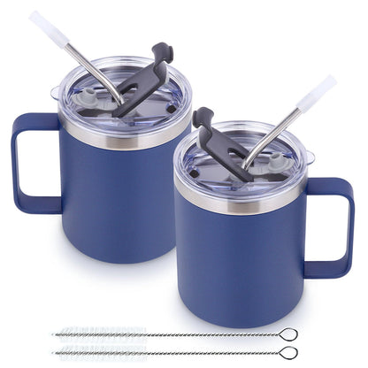 Volhoply 12oz Insulated Leakproof Coffee Mug with Flip & Straw Lid Bulk 2 PackDouble Wall Vacuum Stainless Steel Travel Tumbler Cup with HandleReusable Camping Mugs Keep Cold/Hot(Navy2 Set)