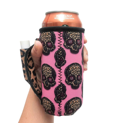 16oz Can Cooler Insulated - Lit Handlers Neoprene Fabric Beverage Cooler Sleeve w/Handle & Pocket - Water Resistant Soda & Energy Drink Holder - Machine Washable Beer Can Covers (Leopard Sugars)