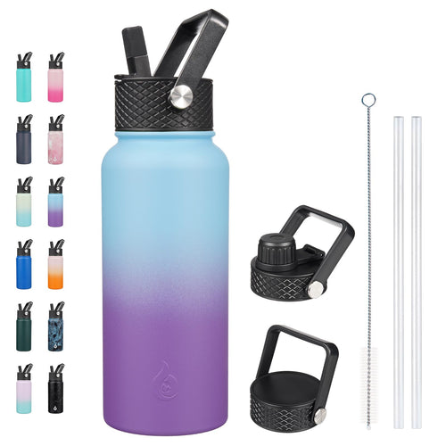 BJPKPK Insulated Water Bottles with Straw Lid 32oz Metal Large Water Bottle with 3 Lids Reusable Leak Proof BPA Free Thermos Stainless Steel Canteen Water Bottle for Sports Gym&Travel-Ocean Dream