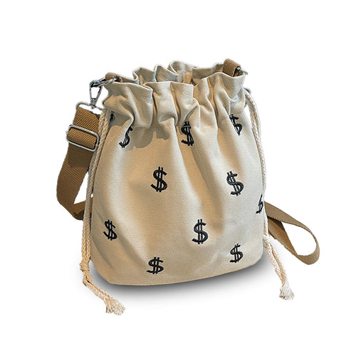 AseiTaku Canvas Lightweight Crossbody Bag with Money Dollar Sign Funny Shoulder Drawstring Bags for Daily Matching (Beige)