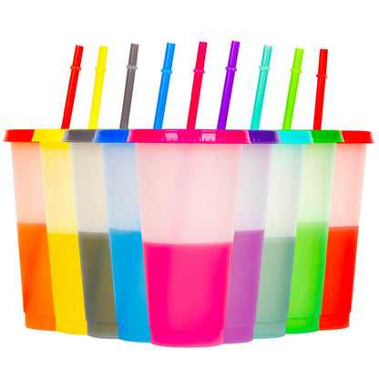 Alohastarttg Color Changing Cups 9 Pack 24oz Plastic Tumblers Reusable Iced Coffee & Smoothie Cups with Lids and Straws for Parties and Travel (9 White)