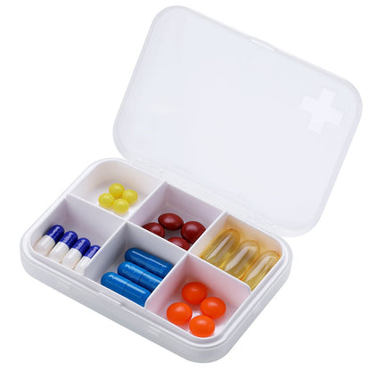 ZDQZC Pill Organizer - Portable Pill Box Small Pill Container for Purse or Pocket Excellent Pill Storage Case (White 6 Compartment)