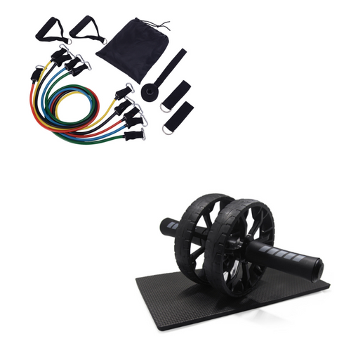 Dual Wheel Ab Roller with EVA Yoga Mat & Resistance Set