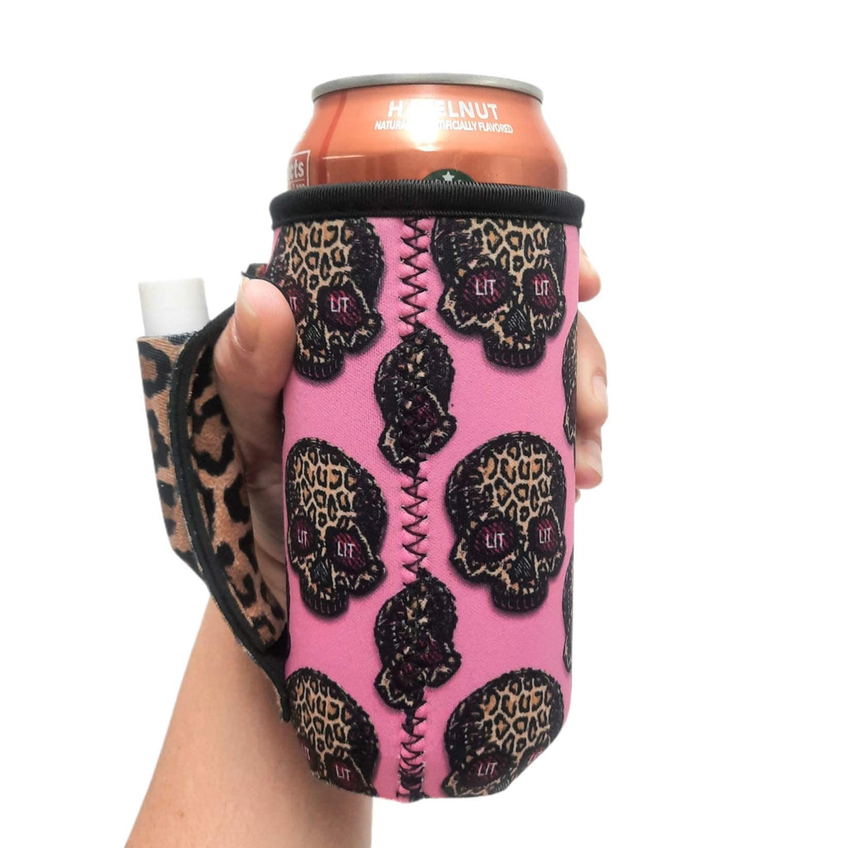 16oz Can Cooler Insulated - Lit Handlers Neoprene Fabric Beverage Cooler Sleeve w/Handle & Pocket - Water Resistant Soda & Energy Drink Holder - Machine Washable Beer Can Covers (Leopard Sugars)