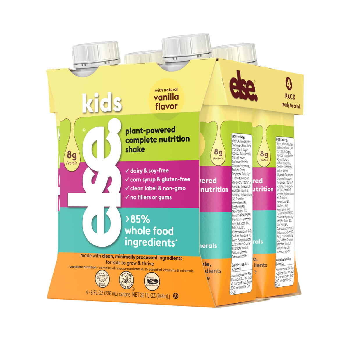 Else Nutrition Kids Vanilla Complete Nutrition Drink for Ages 2+ with Essential Amino Acids Vitamins & Minerals Less Sugar Convenient Ready to Drink Vanilla 8 Fl. oz (Pack of 4)