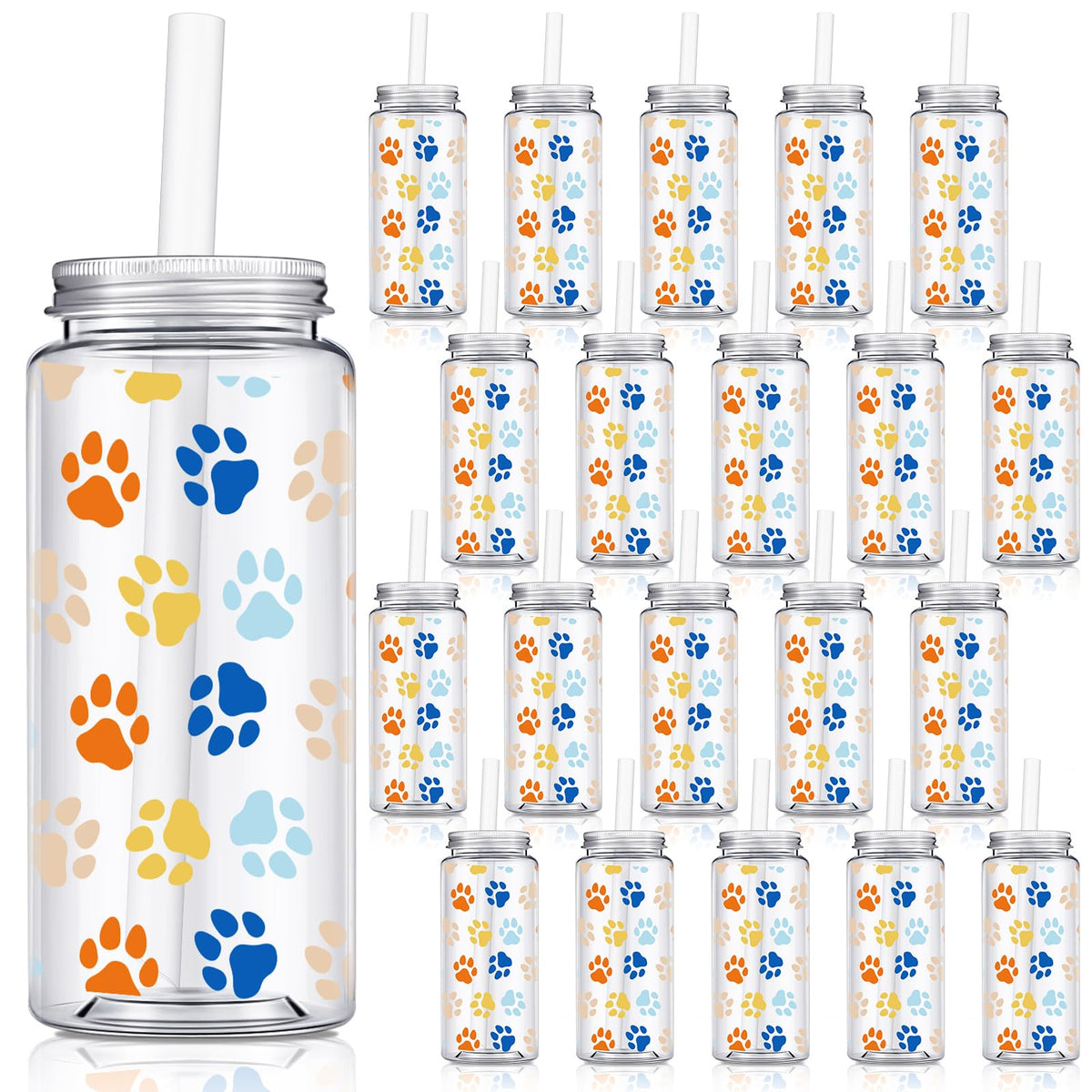 Willinglong 24 Pcs Plastic Cups with Lids and Straws 14.2 oz Reusable Cups with Lids and Straws for Smoothie Coffee Tumbler Cups Bulk Travel Mug Cup for Birthday Party Gifts (Cartoon Dog Style)