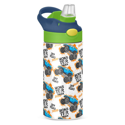 MCHIVER Blue Yellow Monster Truck Kids Water Bottle with Straw Insulated Stainless Steel Kids Water Bottle Thermos for School Boys Girls Leak Proof Cups 12 oz / 350 ml Green Top