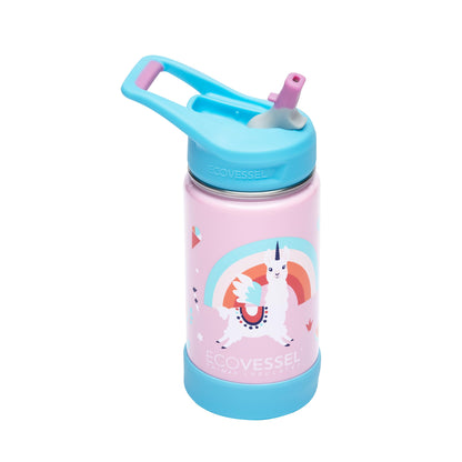 EcoVessel FROST Stainless Steel Kids Water Bottle with Straw Lid Leak Proof Bottle with Carry Handle & Bottle Bumper Kids Water Bottle For School - 12oz (Llama)